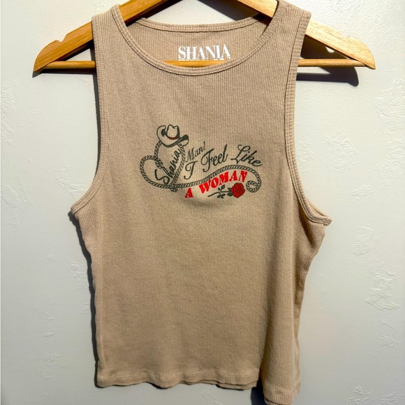 Tan Ribbed Cropped Shania Twain Man! I Feel Like a Woman Tank Top 100% Cotton L - Picture 1 of 11